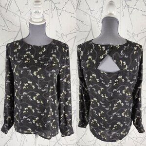 LOFT Black Floral Printed Cutout Back Blouse